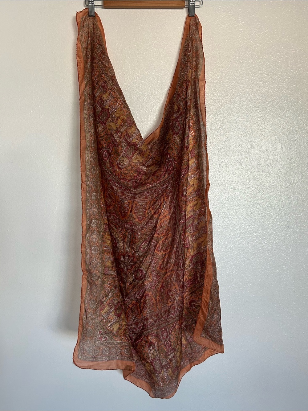 100% Pure Silk Scarf Paisley Floral Orange Gold Made In India